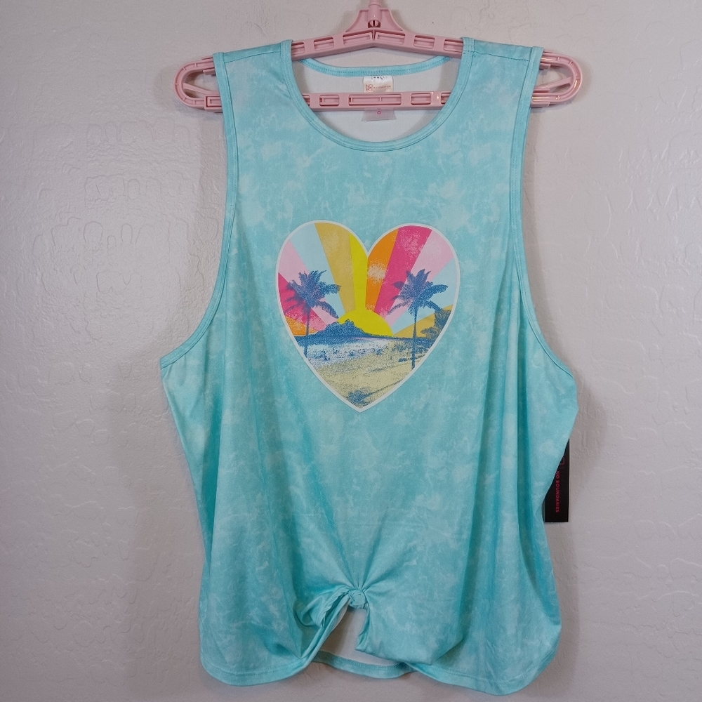 No Boundaries Women Top XXL Blue Heart Rainbow Palm Graphic Sleeveless Tank